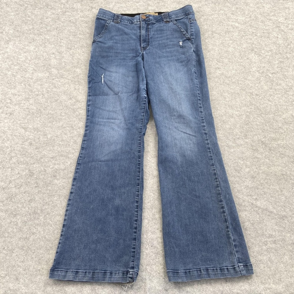 Democracy Wide Leg Jeans Womens 12 (32x29) Blue Med Distressed *STAIN* *WEAR*